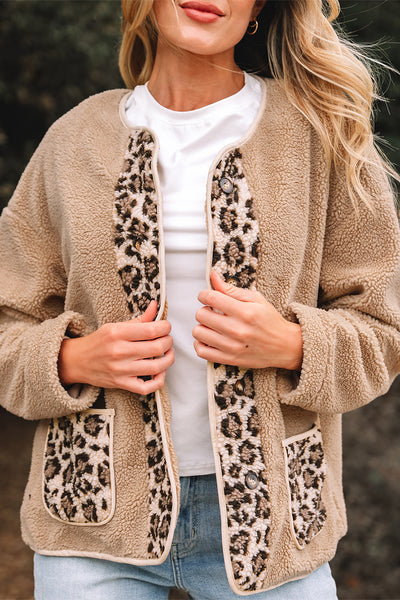 Women's Leopard Accent Camel Sherpa Jacket with Patch Pockets