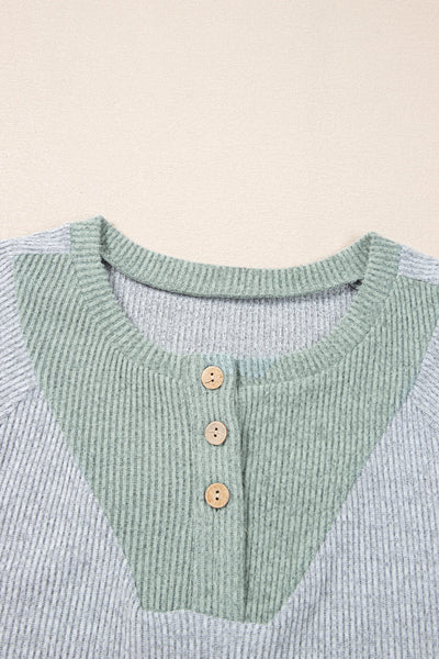Women's Casual Light Grey Ribbed Long Sleeve Top with Color Contrast - Relaxed Fit for Effortless Everyday Style