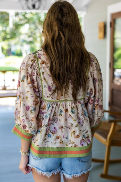 Chic Women's Beige Floral Blouse with Contrast Trim, Tie Neck & Bracelet Sleeves for Effortless Everyday Elegance