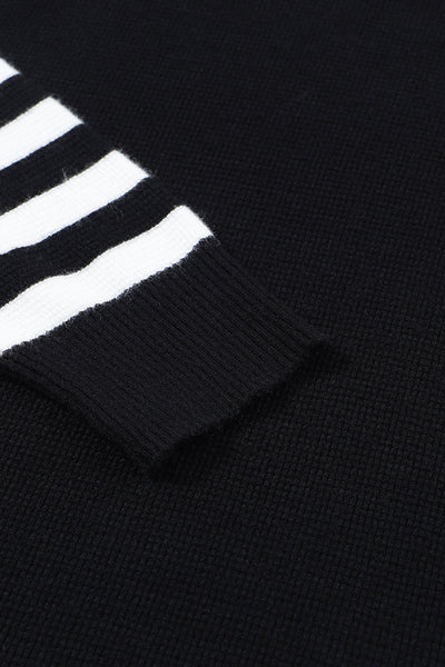 Chic Women's Black Knit Sweater with Striped Sleeves - Cozy Fashion for Fall and Winter, Perfect for Casual Outings
