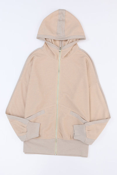 Plus Size Casual Coat, Women's Plus Colorblock Double Zip Up Long Sleeve Drawstring Nipped Waist Ruched Hooded Coat