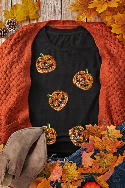 Women's Black Sequin Pumpkin Face Halloween T-Shirt - Fun, Festive, and Comfortable Casual Fit for Spooky Season