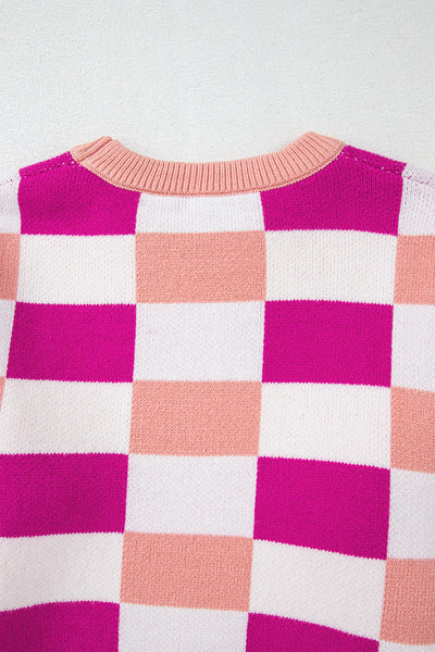 Cozy Pink Checkered Ribbed Sweater for Women - Effortless Casual Knit with Drop Shoulders for Ultimate Comfort