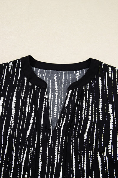 Chic Women's Black Abstract Print V-Neck Blouse - Comfortable Fall Top for Layering & Everyday Style