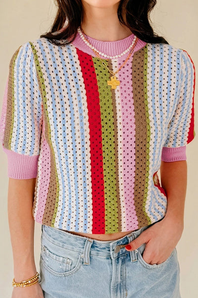 Women's Multi-Color Pointelle Knit Striped Short Sleeve Sweater