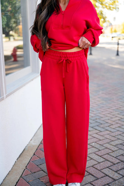 women's fiery red athleisure set - stylish quarter-zip pullover and drawstring sweatpants for ultimate comfort made for easy styling and wardrobe with