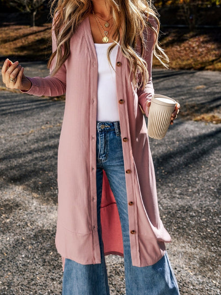 Pink Ribbed Button-Up Duster Cardigan with Side Splits