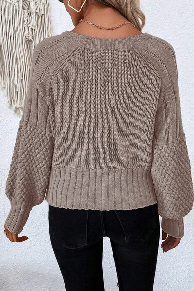 Cozy Women's V-Neck Cardigan Sweater with Mixed Textures - Stylish Fall Layering Essential in Warm Tones