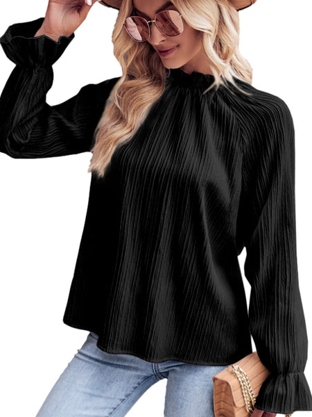 Elegant Black Ripple Sleeve Blouse with Frilled Stand Neck