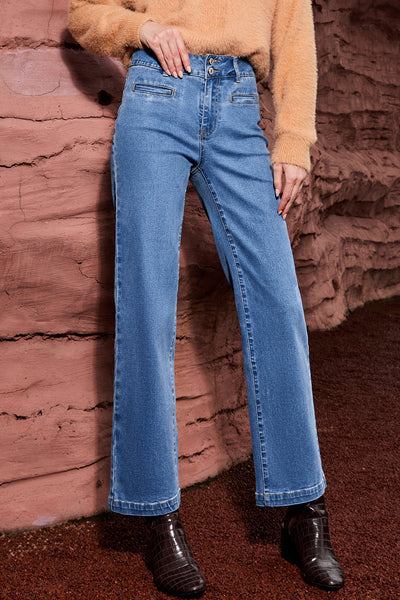 Women's Light Blue High Rise Straight Leg Jeans with Double Button
