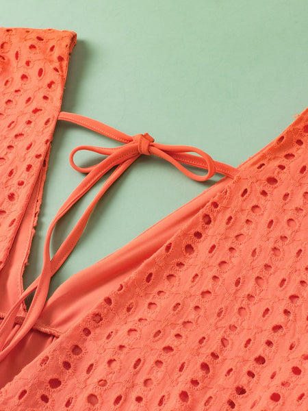 Elegant Eyelet Babydoll Dress with Carrot Contrast Bodice
