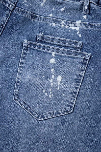 Women's Ashleigh Blue Ripped Cropped Straight Jeans with Splatter Paint and Rope Waist for a Trendy Casual Look