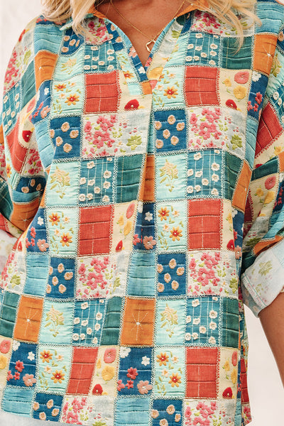 Women's Patchwork Floral Print Long Sleeve V-Neck Blouse