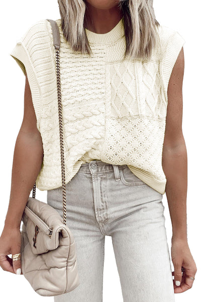 Cozy Women's White Cable Knit Sweater Tank Top with Dolman Armholes Stylish Casual Wear for All Seasons