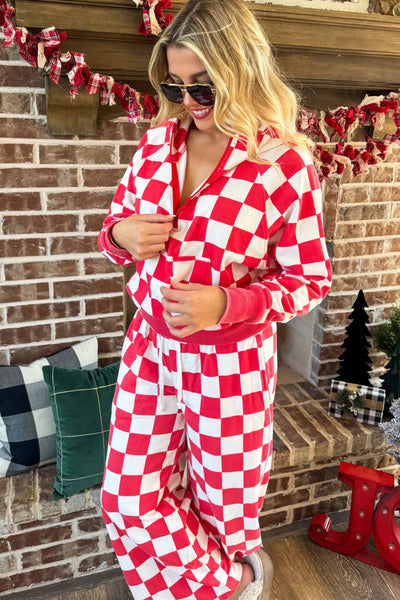 Women's Red Checkered Half Zip Hoodie & Loose Fit Pants Lounge Set for Cozy Casual Style and Comfort