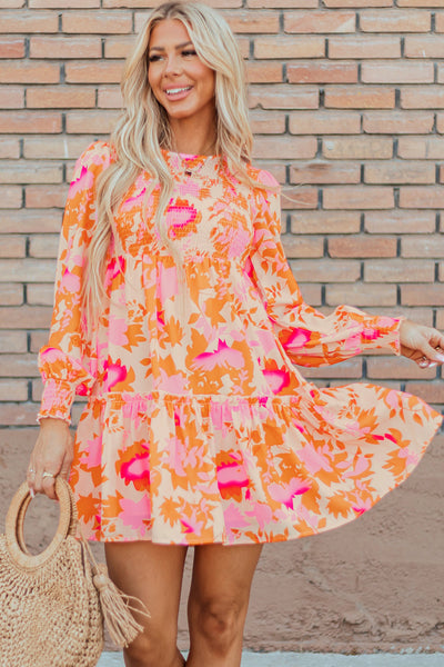 Trendy Women's Orange Abstract Print Ruffle Mini Dress with Smocked Lantern Sleeves for Summer Fashion