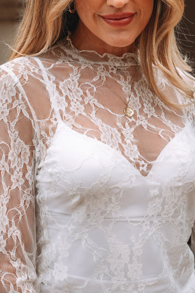 Women's Sophisticated Sheer White Lace Mock Neck Top