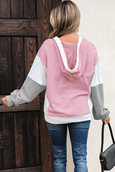 Casual Women's Pink Striped Color Block Hooded V-Neck Top - Loose Fit with Adjustable Drawstring for Comfortable Style