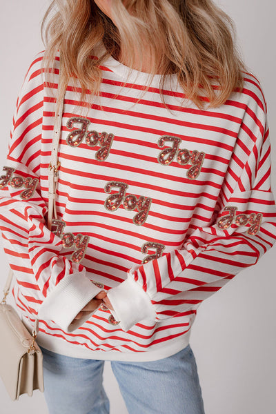 Women's Red Striped Sequin Joy Graphic Christmas Sweatshirt