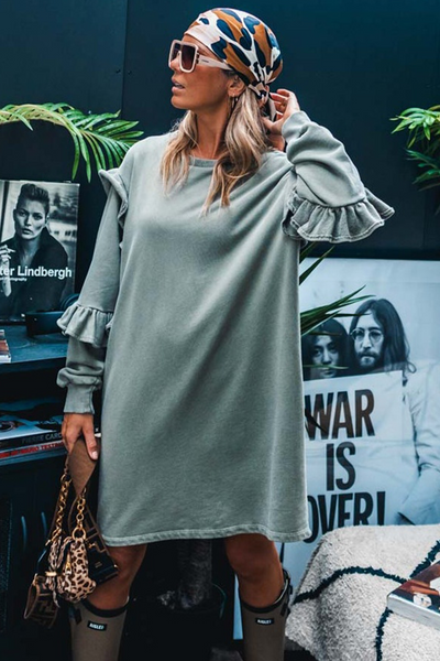 Women's Haze Blue Ruffled Mini Dress - Comfortable Long Sleeve Shift for Effortless Chic Style