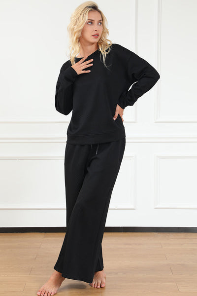 Women's Black Ultra Loose Textured 2-Piece Lounge Set - Cozy Slouchy Casual Outfit for Effortless Everyday Style