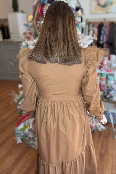 Plus Size Women's Light Beige Maxi Dress with Ruffle Trim, Ricrac Detail, and Long Sleeve V-Neck for Effortless Elegance