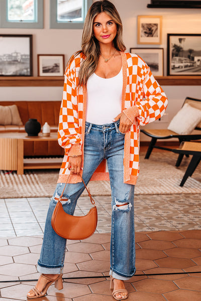 Cozy Women's Orange Checkered Cardigan - Stylish Knit Layer for Effortless Casual Looks and Comfortable Layering