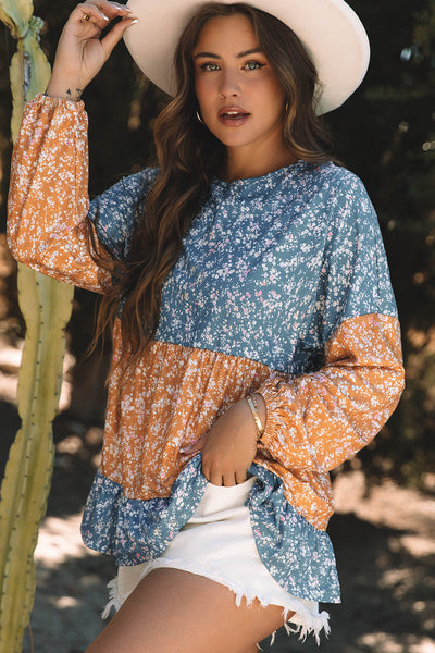 Trendy Women's Orange Floral Color Block Blouse with Ruffled Hem - Stylish Round Neck Top for Any Occasion