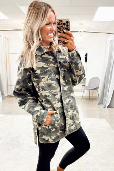 Stylish Women's Green Camo Loose Fit Jean Jacket with Chest Pockets for Effortless Casual Comfort made for easy styling and wardrobe coordination,