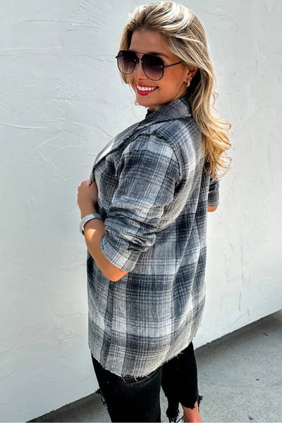Chic Women's Gray Plaid Shacket with Raw Edges - Versatile Open Front Jacket for Effortless Casual Style
