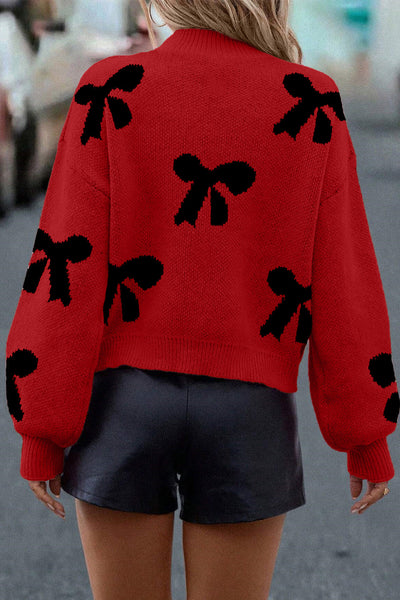 Stylish Women's Loose Racing Red Sweater with Pearl-Embellished Bow for Comfort and Chic Fashion