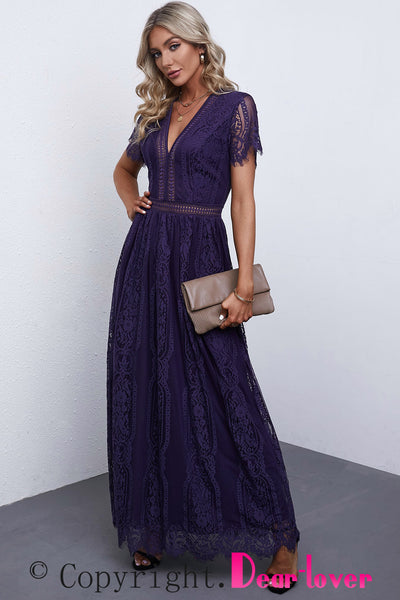Women's Floral Crochet Lace V-Neck Midi Dress with Bell Sleeves
