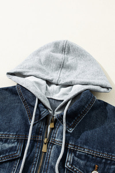 Stylish Women's Dark Blue Hooded Denim Jacket - Zip-Up Casual Layer for Everyday Outfits and Chic Outings