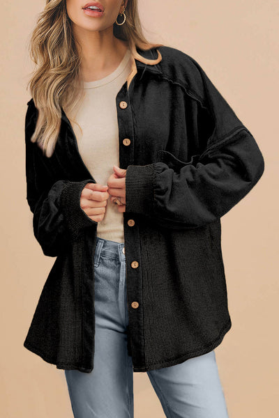 Women's Waffle Knit Oversized Patchwork Shacket in Midnight Black