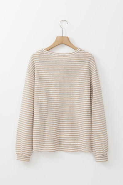 Women's Casual Khaki Stripe Long Sleeve Drop Shoulder Tunic - Effortless Round Neck Top for Everyday Style