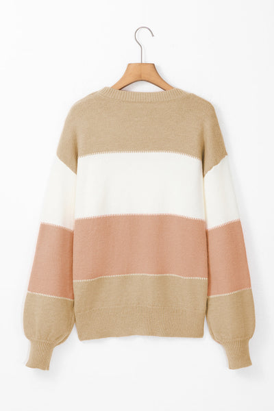 Cozy Dusty Pink Color Block Sweater for Women with Lantern Sleeves & Drop Shoulders - Chic Knitwear for Any Occasion