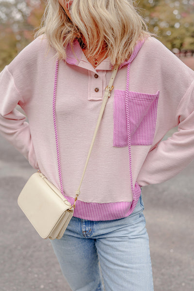 Casual Light Pink Colorblock Hooded Sweatshirt for Women with Drawstring and Patch Pockets Trendy Everyday Wear
