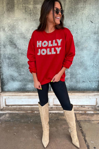 Cozy Women's Racing Red HOLLY JOLLY Christmas Sweatshirt - Festive Graphic Top for Holiday Cheer and Comfort