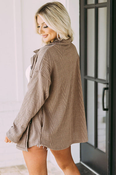 Oversized Khaki Textured Knit Shacket with Button Front