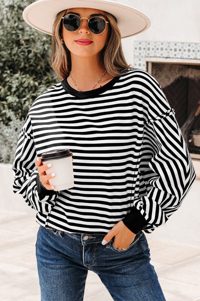 Chic Women's Black Stripe Drop Shoulder Pullover Top with Exposed Seams for Effortless Casual Style
