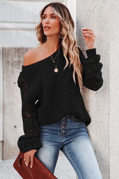 Trendy Women's Black Knit Sweater with Hollow-Out Design & Puffy Sleeves Must-Have for Fall Fashion