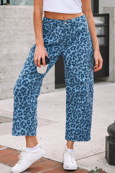 Women's High-Waist Leopard Print Straight Leg Jeans in Sky Blue