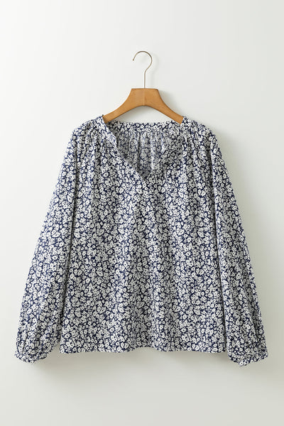 stylish women's blue floral puff sleeve blouse with notched v-neck - comfortable summer top for effortless chic made for easy styling and wardrobe
