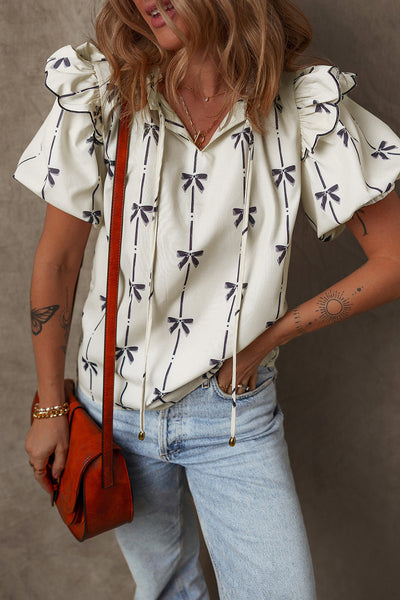 Women's Bow Print Ruffle Shoulder Puff Sleeve Blouse in Cream