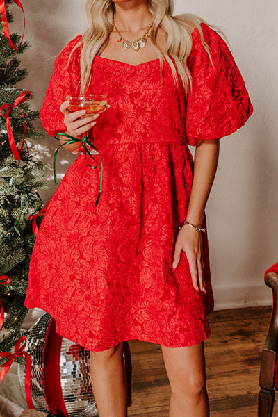 Chic Red Jacquard Mini Dress for Women with Short Puff Sleeves Ideal Festive Party Wear