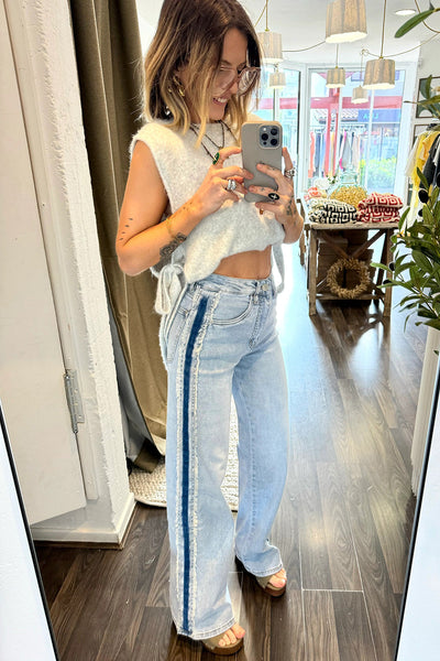 Trendy Casual Women's Frayed Patchwork Shift Jeans in Beau Blue with Stylish Contrast Stripe Side Panels