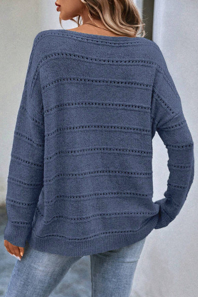 Cozy Women's Real Teal Boat Neck Sweater with Drop Shoulders & Pointelle Knit for Chic Fall Fashion