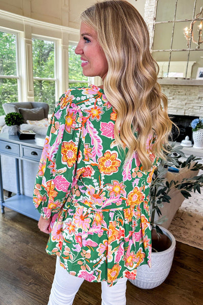 Women's Green Floral Puff Sleeve V-Neck Peplum Blouse - Chic & Flattering Top for Casual or Dressy Events