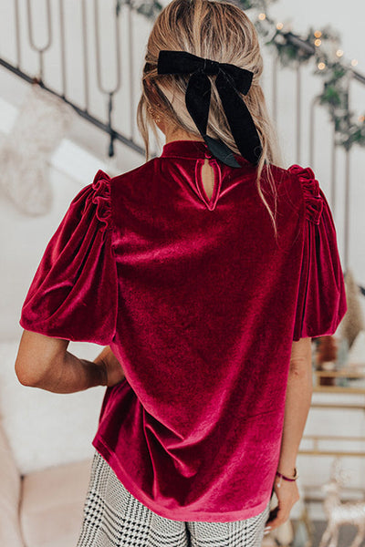 Elegant Women's Red Velvet Blouse with Frilled Puff Sleeves - Stylish and Sophisticated for Any Occasion