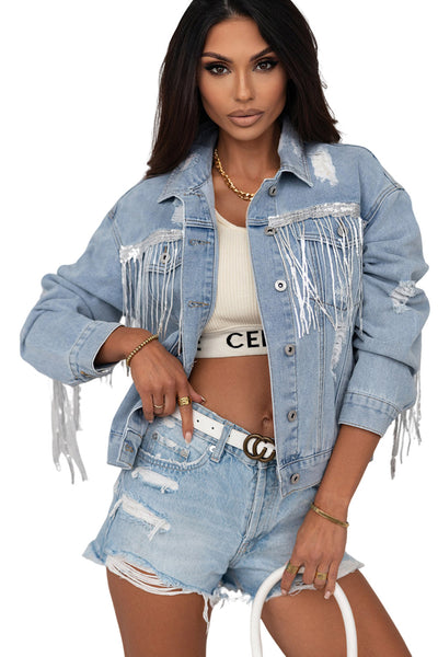 Women's Sky Blue Sequin Fringe Distressed Denim Jacket